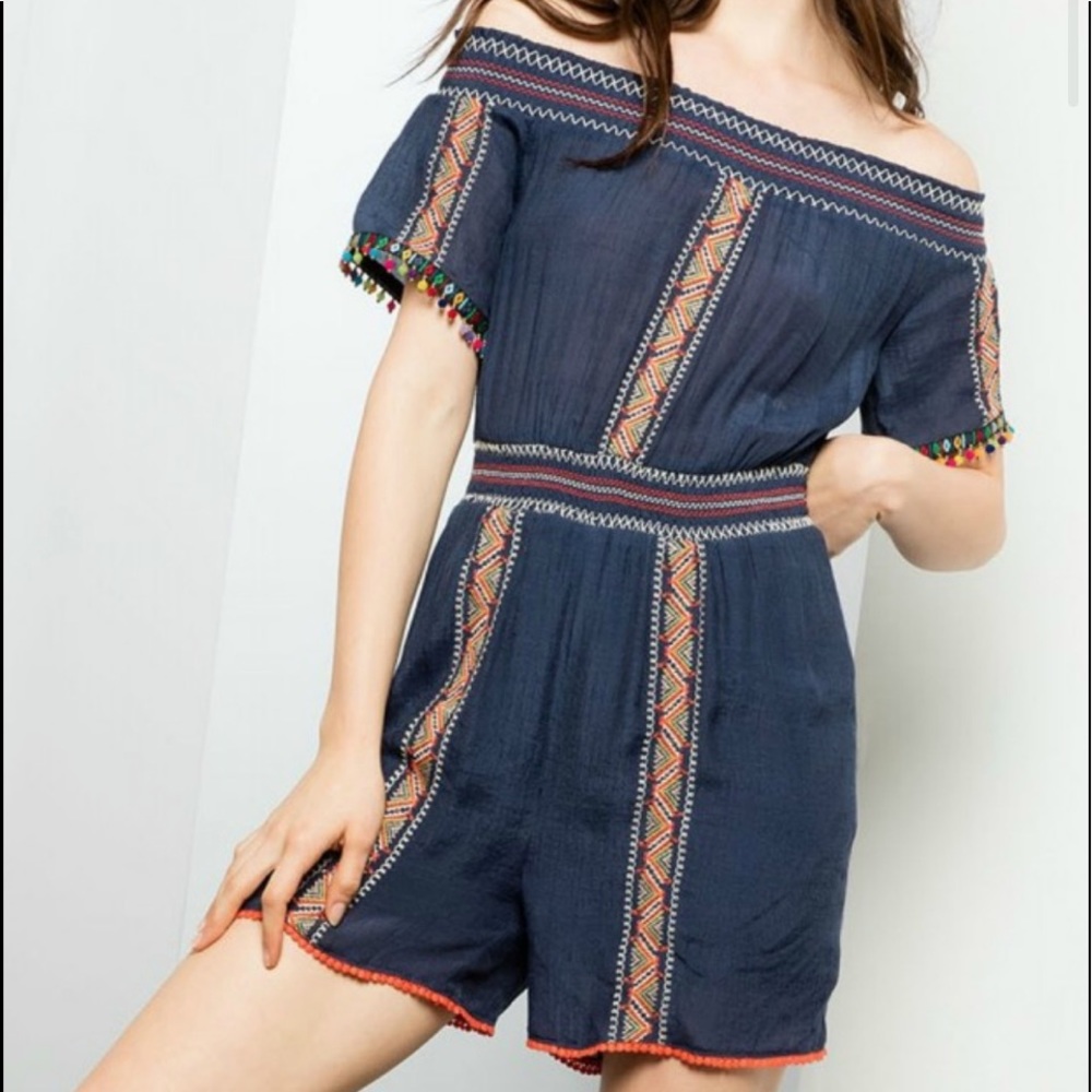 ROCK BOTTOM! Letarte Maui Blue Shorts Romper with Pompom Trim, S